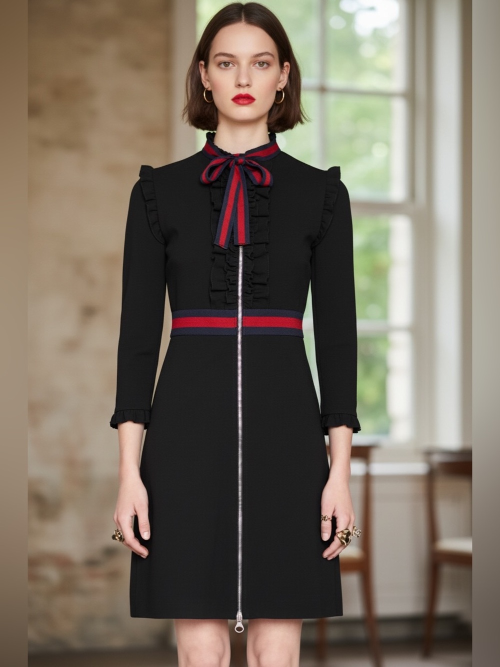 Gucci Black Dress with Red and Blue Neck Tie and Waistband